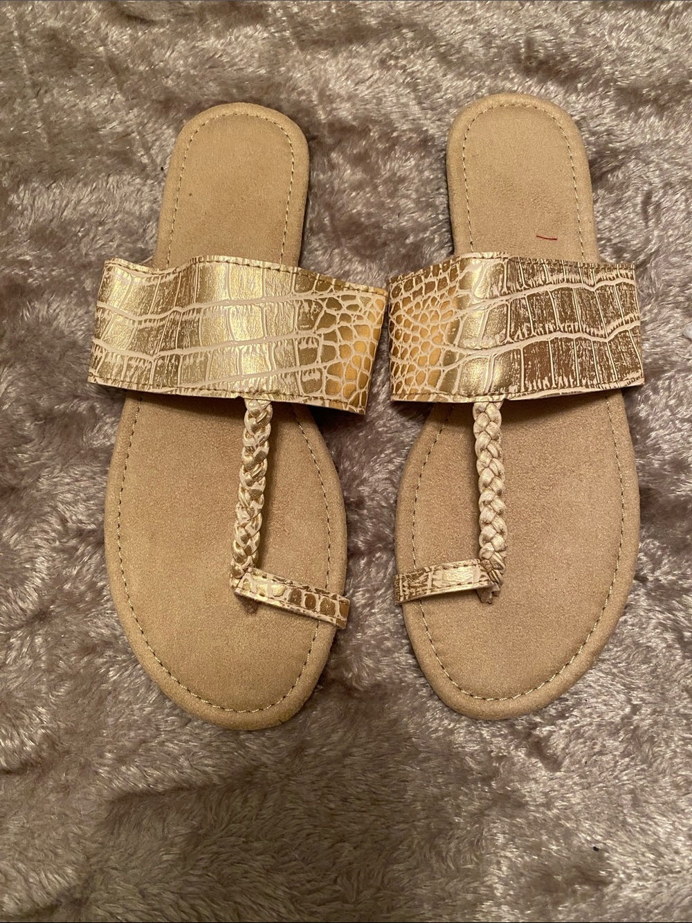 Metallic Gold Croc-Embossed Braided Toe-Ring Slide Sandals